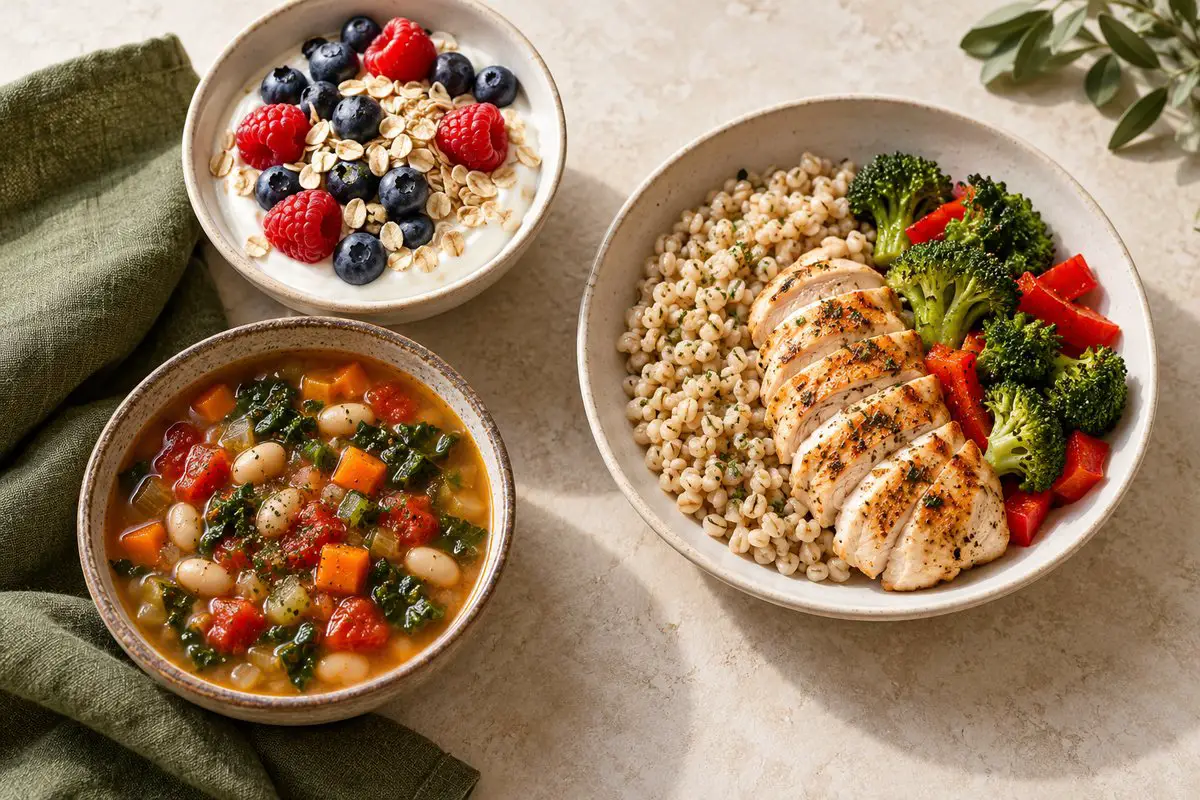 Three meal ideas: yogurt with berries and oats, cooked chicken with barley and vegetables, and vegetable-and-bean soup.