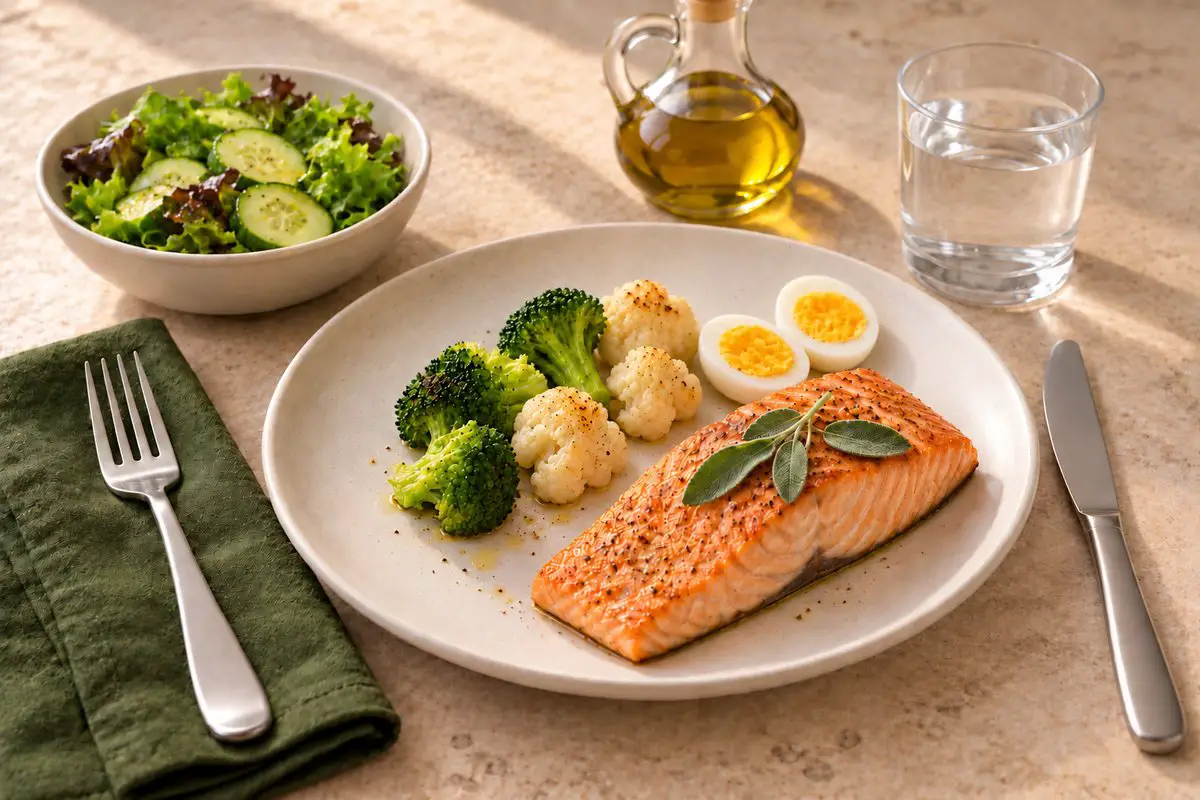 Salmon with sage, broccoli, cauliflower, and two hard-boiled egg halves, with a side salad, olive oil, and water.