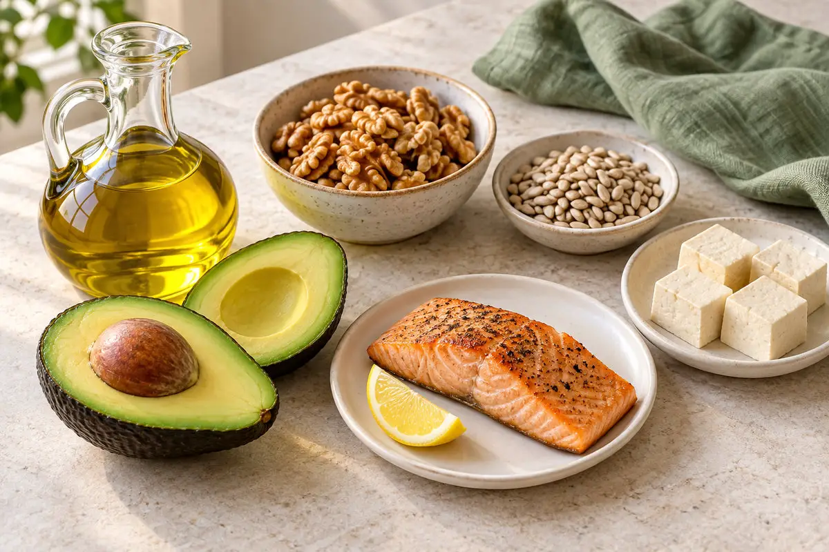 Olive oil, avocado halves, walnuts, sunflower seeds, tofu cubes, and cooked salmon with lemon on a kitchen counter.